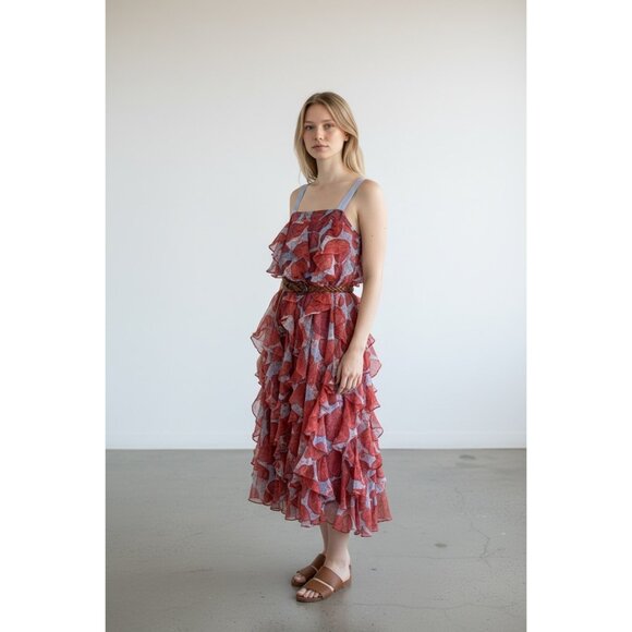 Jessica Simpson Dresses & Skirts - Jessica Simpson Ruffled Midi Dress Boho Style Red & Blue Floral Print Belted Siz